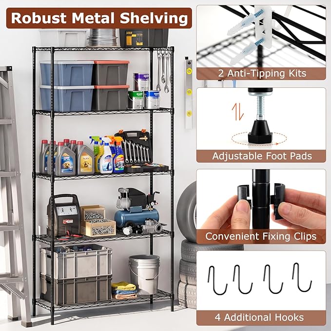 GOFLAME 5-Tier Metal Storage Shelving Unit, Heavy-Duty Adjustable Utility Shelf with V-Shaped Wire Rack, 450 LBS Storage Organizer for Home, Kitchen, Garage, Basement, 36”L x 14”W x 72”H