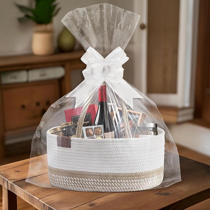 DECOMOMO Diaper Caddy, Empty Woven Basket for Gifts, Mother's Day Baby Baskets for Baby Shower Newborn (Spiral Beige & White, Large Gift Set)