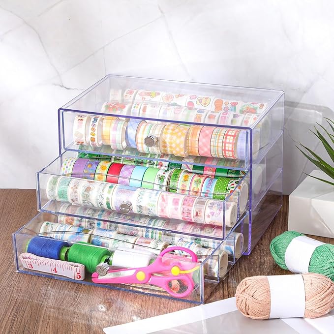 Wonderjune 4 Pack 3 Drawer Washi Tape Organizer Plastic Washi Tape Storage Cube Organizer Box 10 x 7 x 6.8 Large Capacity Clear Storage Drawer Holder for Art Craft Embellishments Jewelry Makeup