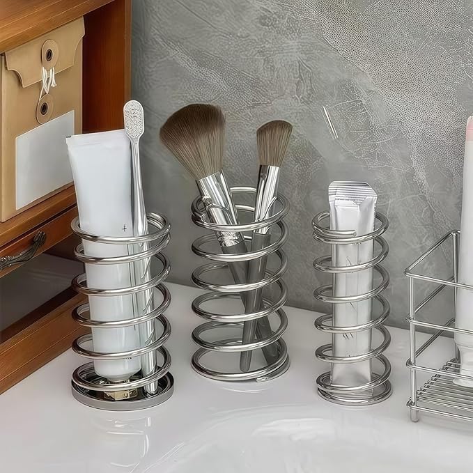 Toothbrush Holder with Base Spring Shape Stainless Steel Pen Holder Bathroom Tabletop Makeup Brush Organizer Toothbrush Stand
