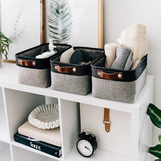 OrganiHaus 12x8in Canvas Storage Baskets 3 Pack | SMALL Fabric Bins for Shelves | Pantry & Bathroom Organizer | Gray/Black