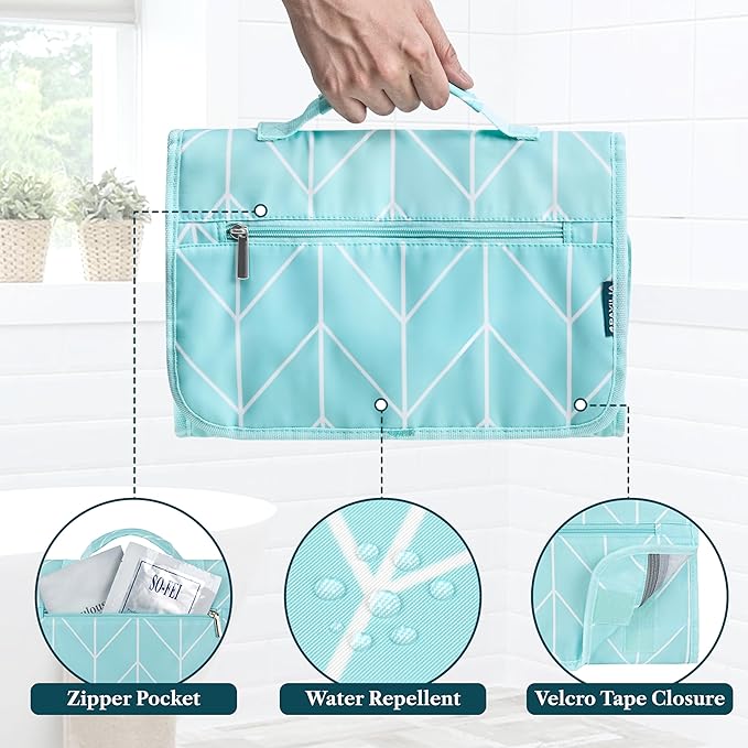 PAVILIA Hanging Toiletry Bag for Women Men, Large Foldable Toiletries Organizer with Hook, Water-Resistant Makeup Cosmetic Rollup Case, Clear Pockets for Bathroom, Gym, Cruise (Teal Chevron)