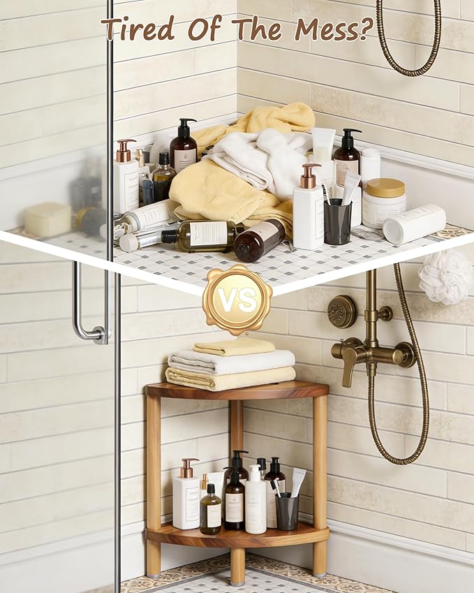 Bathroom Corner Shower Stool with Storage Shelf, Shower Foot Rest 15in, Wood Shower Stool for Shaving Legs, Waterproof Corner Shower Stool for Inside Small Shower Spaces, Acacia Wood
