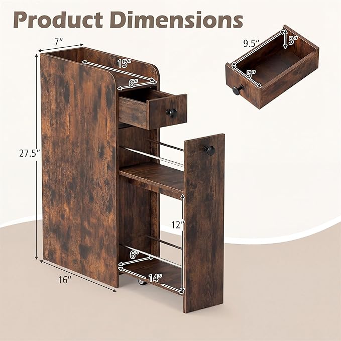 Tangkula Slim Bathroom Storage Cabinet, 4-Tier Narrow Small Side Storage Cabinet Next to Toilet, Slide Out Drawers on Casters, Floor Organizer Toilet Paper Holder for Small Spaces (Rustic Brown)