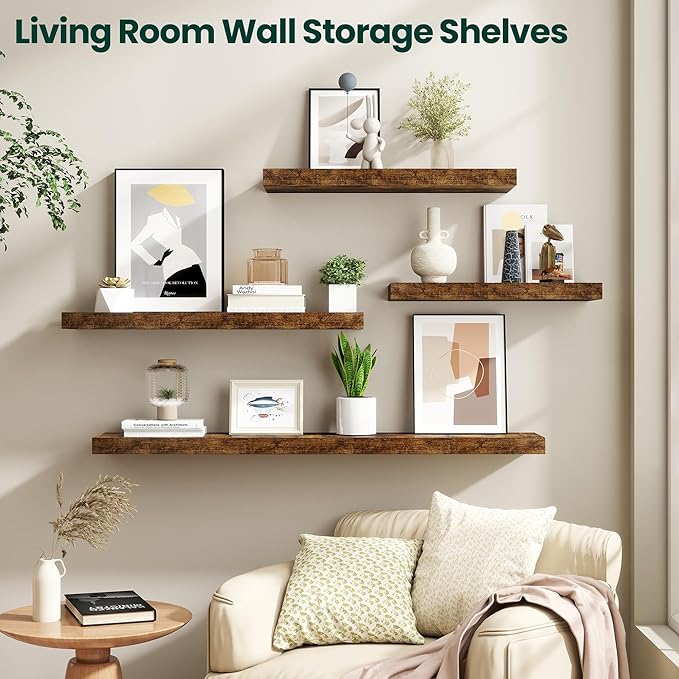 Floating Shelves for Wall 48 in x 9.3 in Deep, Wall Mounted Rustic Wood Shelf with Invisible Brackets for Storage & Display, Living Room Bedroom Bathroom, Brown, 2 Pack