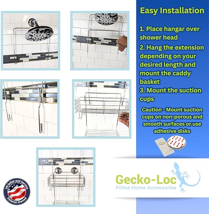 Gecko-Loc Extra Long Wide Adjustable Length over the showerhead hanging shower caddy organizer - for Shampoo, Soap, & Razors - Black