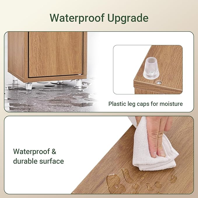 Haotian Bathroom Narrow Storage Cabinet Skinny Tall Unit with Adjustable Shelves Slender Anti-Tipping Floor Standing Cupboard, Natural BZR34-PF