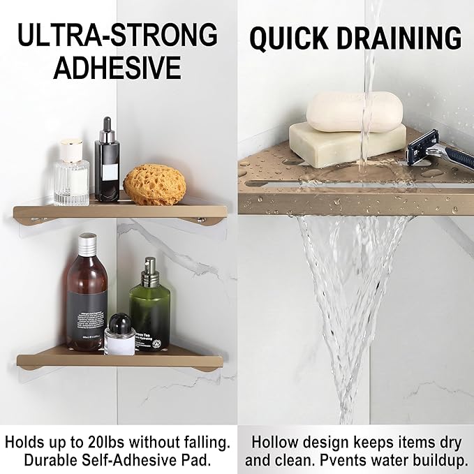 BVL Corner Shower Shelf, 8 Inch Champagne gold 2-PACK Bathroom Corner Organizer, Adhesive Wall Mounted Shower Caddy, Waterproof Rustproof Metal Storage Rack for Shampoo Soap