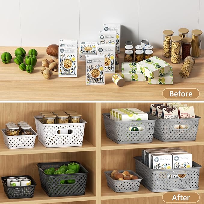 MaxGear Organization and Storage 3 Packs, Plastic Bins Organizer Bins, Woven Baskets for Storage, Plastic Baskets with Handles White Basket for Organizing, Basket Organizer for Home and Office, Medium