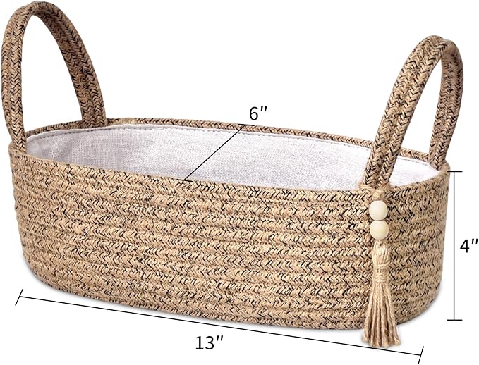 ABenkle Small Storage Basket for Toilet Tank Top - Jute Rope Woven Organizer with Handle, Boho Countertop Bathroom Decor, Toilet Paper Holder, 13x6x4 Inch