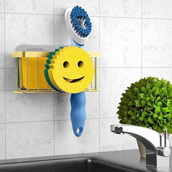 MURLONG Sponge Holder Smiley Face, Sink Caddy for Kitchen Sink, Sink Organizer Sponge Holder with 2 PCS Suction Cups/1 PCS Adhesive Strips, Designed for Sponge, Soap, Dish Brush, Scrubber-Gold