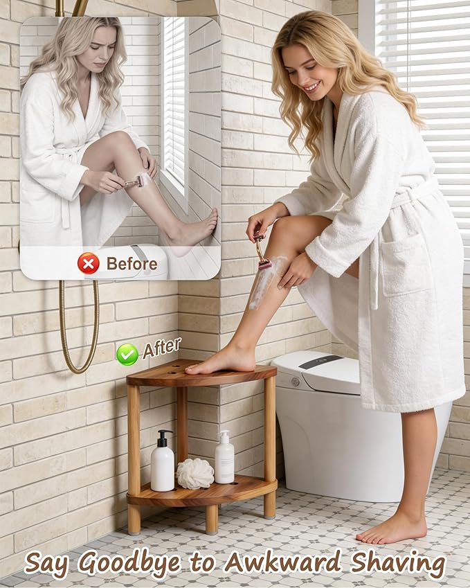 Bathroom Corner Shower Stool with Storage Shelf, Shower Foot Rest 15in, Wood Shower Stool for Shaving Legs, Waterproof Corner Shower Stool for Inside Small Shower Spaces, Acacia Wood