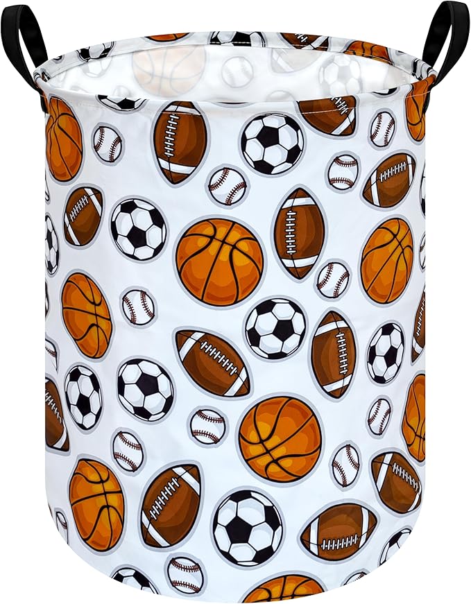 Round Colorful Basketballs Pattern Laundry Hamper Storage Basket Fabric Material Storage Hamper Organization Basket, Storage Bin, Gift Box with Handles for Room