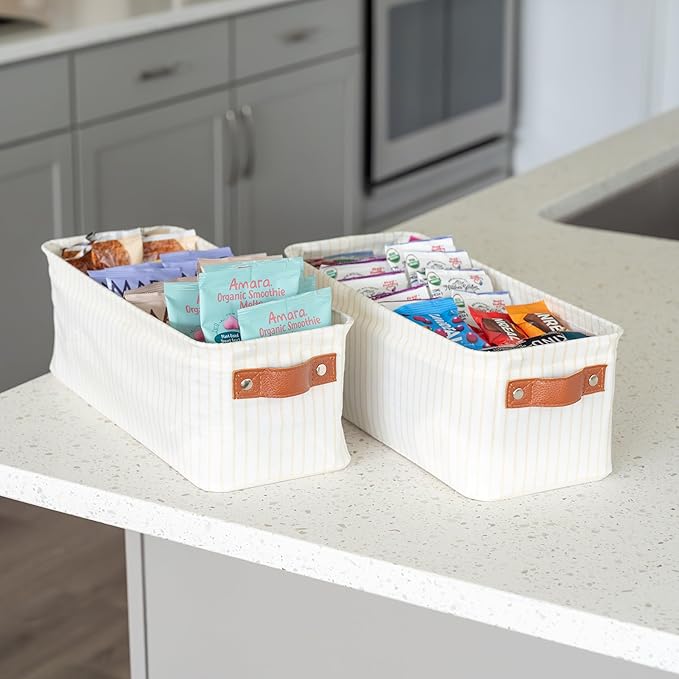 OrganiHaus 15x6in Canvas Storage Baskets 2 Pack | NARROW Fabric Bins for Shelves | Bathroom & Toilet Paper Organizer | White Striped Brown