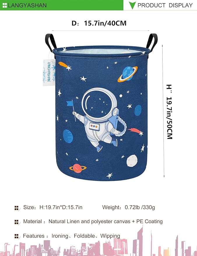 Laundry Basket Canvas Fabric Collapsible Organizer Basket for Storage Bin Toy Bins Gift Baskets Bedroom Clothes Children Nursery Hamper (Blue Space Astronaut)