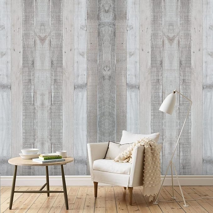 Wenmer Grey Wood Shiplap Peel and Stick Wallpaper - 17.71" x 236" Self-Adhesive Wood Plank Wallpaper for Cabinets, Kitchen Shelves, Drawers, Doors