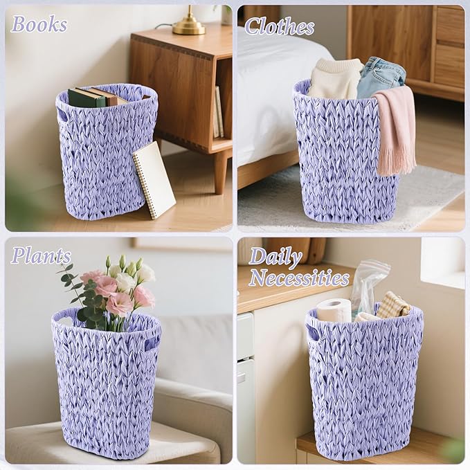 Bathroom Accessories Set, 25PCS Wicker Bathroom Accessory Set with Shower Curtain, Bath Mat, Soap Dispenser, Handwoven Trash Can & Ratten Tissue Box (Purple, Bath Set+Shower Curtain+Rugs)