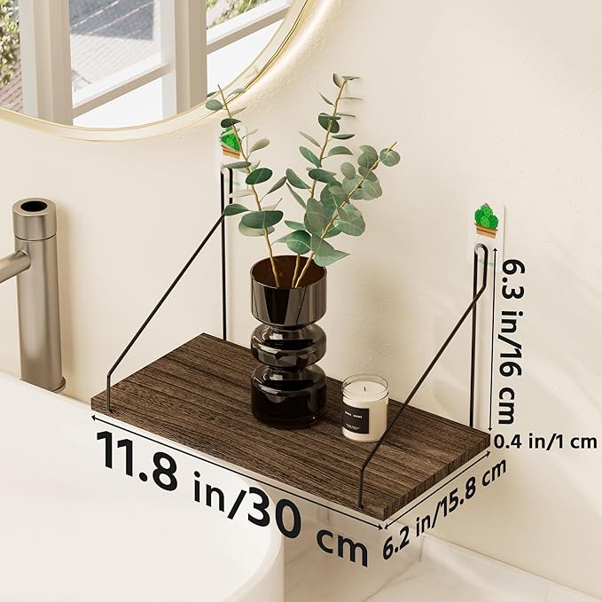 QsQueen Elevate Your Space with Rustic Wood Floating Shelves Set of 3- Perfect for Bedroom, Living Room, Bathroom, and Kitchen Decor - Easy Installation, No Drilling Needed! Brown