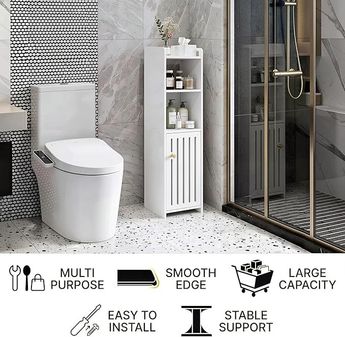 Narrow Bathroom Storage Cabinet, 4-Tier Slim Bathroom Organizers with Door and Open Shelf for Toilet Bathroom Small Spaces (7.9" D x 7.9" W x 31.5" H)
