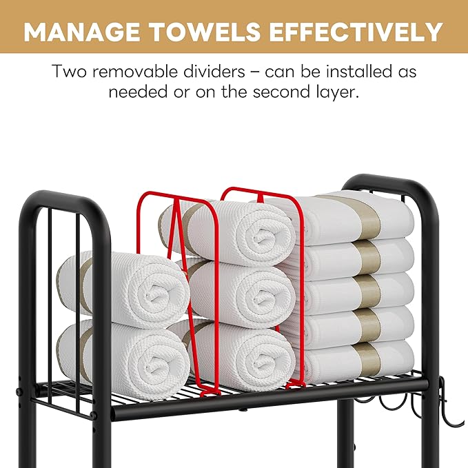 Jautokerdar Over-the-Toilet Storage Rack – Metal Towel Storage with Removable Dividers, Adjustable Shelf & Hooks, Black Over the Toilet Storage Organizer, Over Toilet Shelves for Towels & Toiletries