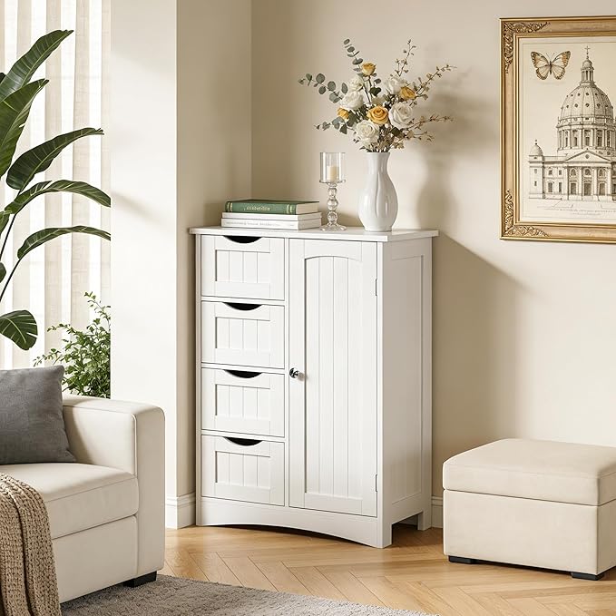 ZENY Bathroom Floor Storage Cabinet, Side Storage Organizer with 4 Drawers and 1 Cupboard, Adjustable Shelf Freestanding Entryway Storage Unit for Living Room/Bathroom (White)