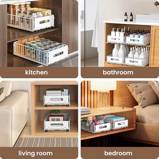 2 Pack Pull Out Cabinet Organizer, Heavy Duty Slide Out Pantry Drawers Shelves Storage With Strong Adhesive Strips and Handle for Kitchen, Bathroom, Living Room, Home (14.8"D X 9.6"W X 3.9"H)