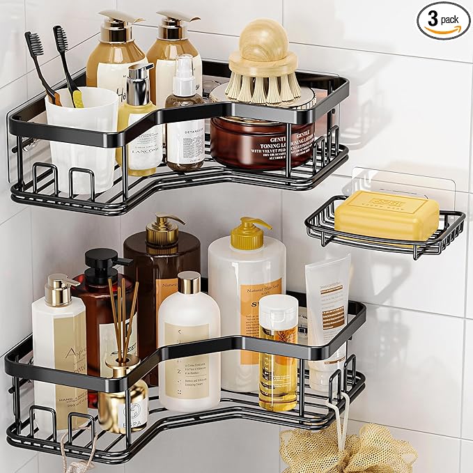 MAXIFFE 3 Pack Corner Shower Caddy with Soap Holder, Large Capacity and Easy Install, No Drilling Shower Shelves, Stainless Steel Shower Organizer Hold 40 LBS for Family Renters, Black