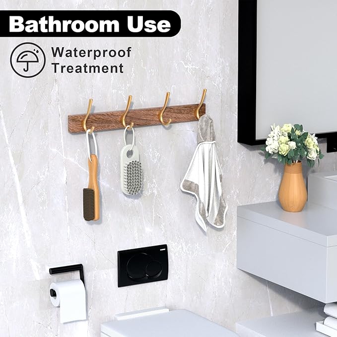 17 Inch Walnut Wood Wall Mounted Coat Rack with 4 Gold Double Hooks, Adhesive Mounted Entryway Hooks, Modern Natural Wooden Pegs for Hanging Coat Clothes Hat Bag Purse Key and Towel