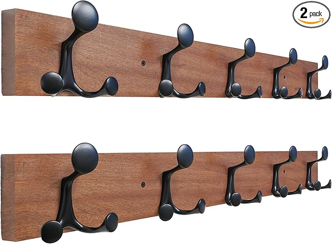 SKOLOO 30-Inch Wood Coat Rack Wall Mount with 5 Triple Hooks - Ideal for Family Entrances, Classrooms, and Pet Supplies Storage - Perfect Coat Hooks for Wall,Mahogany (Sapele), Pack of 2