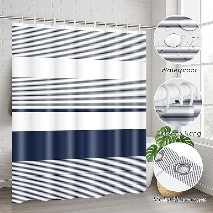 Navy Blue Shower Curtain Set with Toilet Lid Cover and Non-Slip Rugs for Bathroom, Modern Striped Lines 4 Pcs Shower Curtain, Simple Abstract Bathroom Set with 12 Hooks