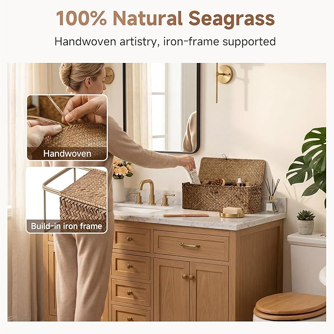 StorageWorks Toilet Paper Storage Basket with Lid, Large Wicker Baskets with 3 Compartments, Seagrass Back of Toilet Basket for Tank Topper, Shelves Organizer, 16½"x 5½"x 5½, 1-Pack