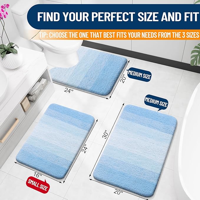 OLANLY Bathroom Rug Set 2 Piece, Soft Absorbent Microfiber Bath Mats and U-Shaped Contour Toilet Rug, Non-Slip, Machine Wash Dry, Plush Shaggy Bath Mats for Bathroom (30"x20"+24"x20", Sky Blue)