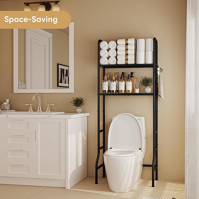Jautokerdar Over-the-Toilet Storage Rack – Metal Towel Storage with Removable Dividers, Adjustable Shelf & Hooks, Black Over the Toilet Storage Organizer, Over Toilet Shelves for Towels & Toiletries