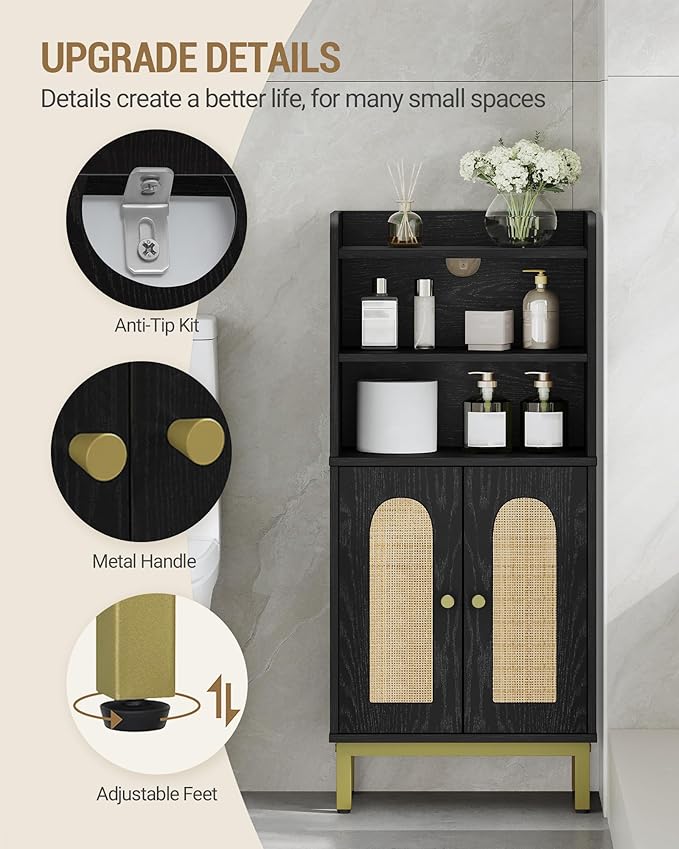 Hzuaneri Bathroom Storage Cabinet, Small Floor Cabinet with 2 Door and Shelves, Toilet Paper Cabinets, Bathroom Organizer with Adjustable Shelf, for Small Spaces Rattan Black 7.1" Dx14.6 Wx32.7 H