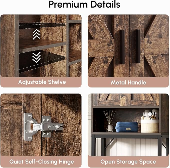 USHOWER Over The Toilet Storage Cabinet, Bathroom Organizers and Storage with Barn Doors, Thicken Metal Stand & MDF Wood Above Toilet Storage Cabinet, Freestanding Space Saver, Brown