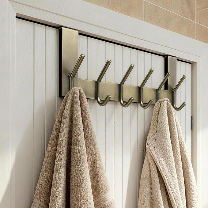 WEBI Over The Door Hooks,Door Hanger,Over Door Towel Rack,Door Coat Rack Hanger,6 Hooks for Hanging Towels,Clothes,Hats,Behind Back of Bathroom,Bronze,2 Packs