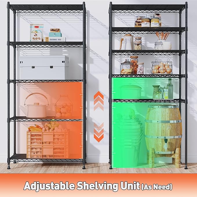 Romorgniz 5-Tier Shelf 1010LBS Storage Shelves Tool-Free Assembly,Adjustable Metal Shelving,Wire Shelving Unit for Kitchen Pantry Closet Laundry Bathroom,Black,4P