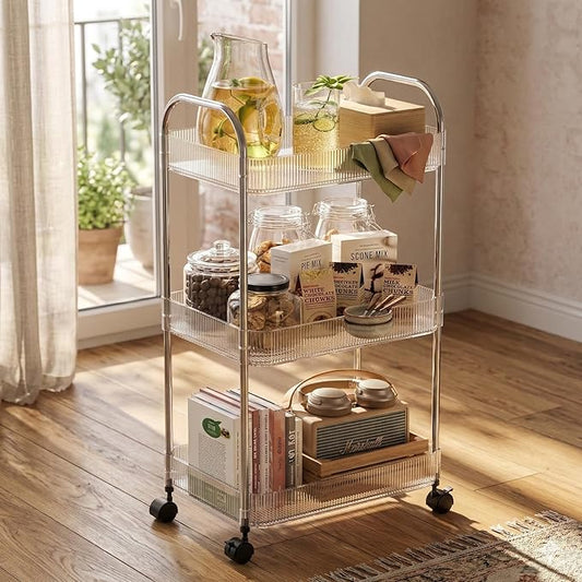 STARLATTA 3 Tier Rolling Cart with Lockable Wheels, Clear Acrylic Utility Trolley with Handle, Heavy-Duty Storage Organizer for Kitchen Bathroom Nursery Laundry - Snack Book Craft Organizer (Clear)