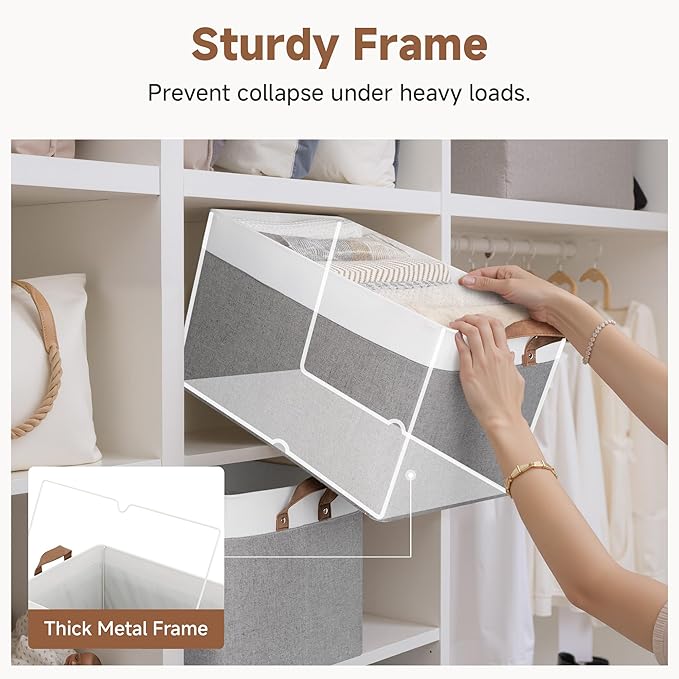 StorageWorks Storage Bins, Fabric Storage Bins for Shelves, Extra Large Storage Baskets with Metal Frame, Closet Baskets and Bins with Handles, Jumbo, Gray and White, 2-Pack