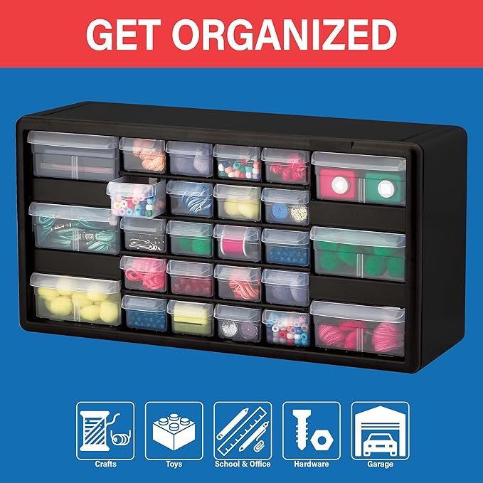 Akro-Mils 26-Drawer Plastic Drawer Storage Cabinet for Garage Organization, Bead Organizer, Building Bricks Storage, Teacher Toolbox, Makeup Organizer, 20" W x 6" D x 10" H, 10126 Black