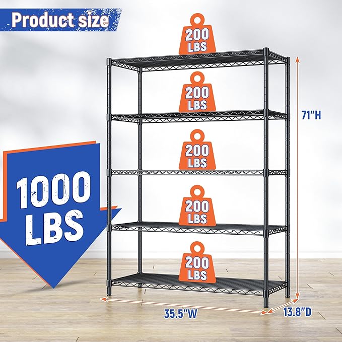 5 Tier Storage Shelves 71"H Wire Shelving Adjustable Metal Shelving,1000LBS Pantry Shelves Sturdy Steel Wire Shelf for Kitchen School Pantry Garage Warehouse ,71"H X35.5"W X13.8"D, Black,2P
