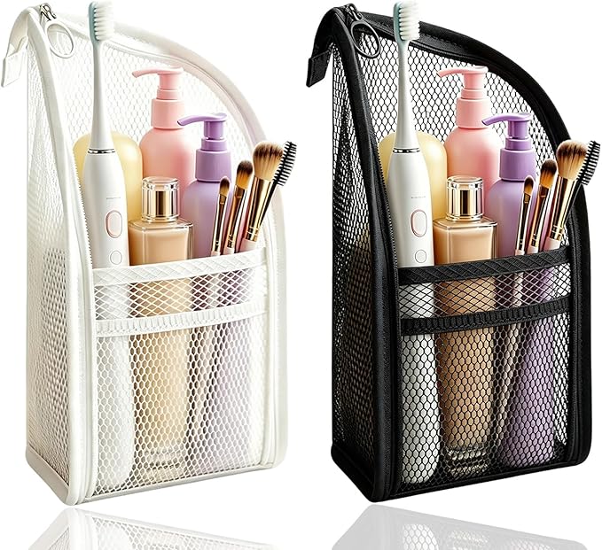 Standing Toiletry Bag, Lightweight Portable Travel Toiletry Bag, EVA Foldable Clear Hanging Makeup Bag, Breathable Cosmetic Organizer for Travel & Bathroom (Black and white)