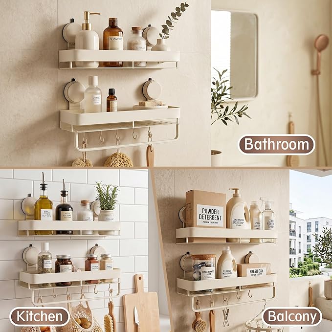 Wide Aluminum Suction Cup Shower Caddy(2-Pack Cream White),Shower Shelves for Bathroom Wall,Wall Mounted Bathroom Shelves with Towel Bar & Hooks