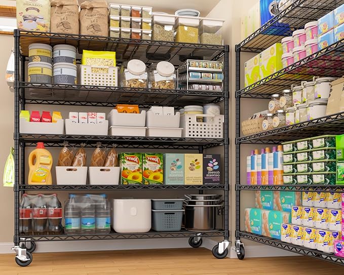 PrimeZone 4 Packs 48" W x 24" D x 81" H Heavy Duty Wire Storage Shelves with Wheels, 5 Tier Adjustable NSF Certified Garage Shelving Unit, Rolling Metal Organizer Shelf Rack for Warehouse, Restaurant