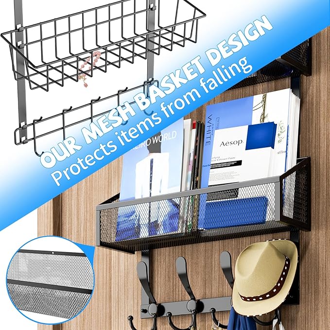 Kaiferty Over The Door Hooks Organizer, Coat Rack Over The Door Storage Hanger Towel Rack, Back of Door Storage Organizer for Bathroom,Bedroom,Kitchen,Office (Black, 2-Tier)