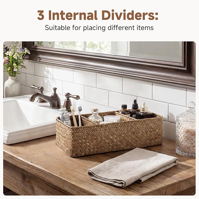 StorageWorks Toilet Paper Basket for Back of Toliet，with 3-Compartments, Basket Organizer, Seagrass Toilet Tank Basket, Brown, 2-Pack
