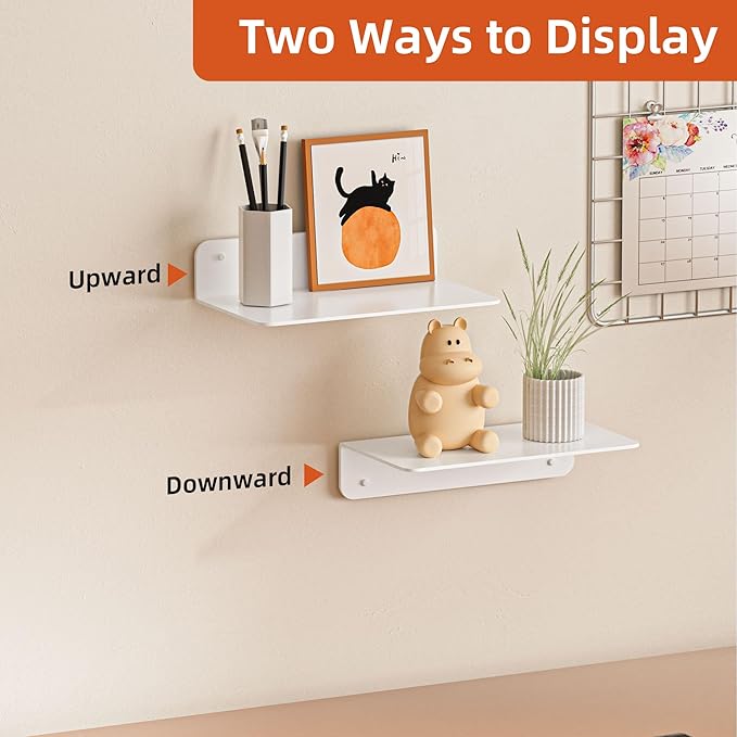 Wisfame Small Floating Shelves for Wall, 9 x 4.5 Inch, with Cable Hole, Piano White Adhesive Wall Shelf in Aluminum Alloy, Display Ledges for Living Room, Gaming Room, Bedroom, Bathroom (2 Pack)