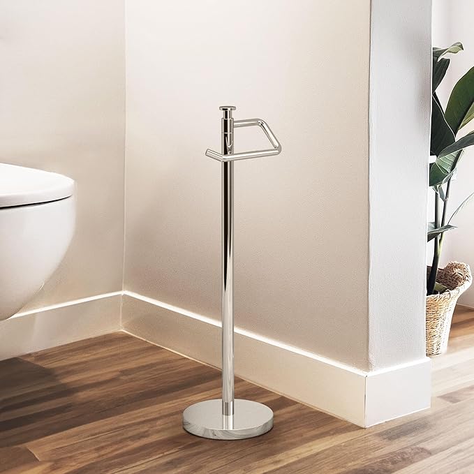 Gatco 1435PN Freestanding Toilet Paper Holder, 23.68” H, Polished Nickel | Toilet Tissue Roll Holder Stand with Weighted and Padded Base for Bathroom