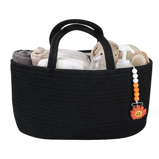 Baby Diaper Caddy Organizer for Girl Boy Cotton Rope Nursery Storage Bin Basket Portable Holder Tote Bag for Changing Table Car Travel Baby Shower Gifts Newborn Essentials Registry Must Haves Black