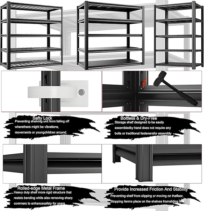 Industrial Storage Rack,Heavy-Duty Steel Shelving Unit,Multi-Purpose Garage Organization System Black 72" H x 35" W x 15.5" D 5-Tier